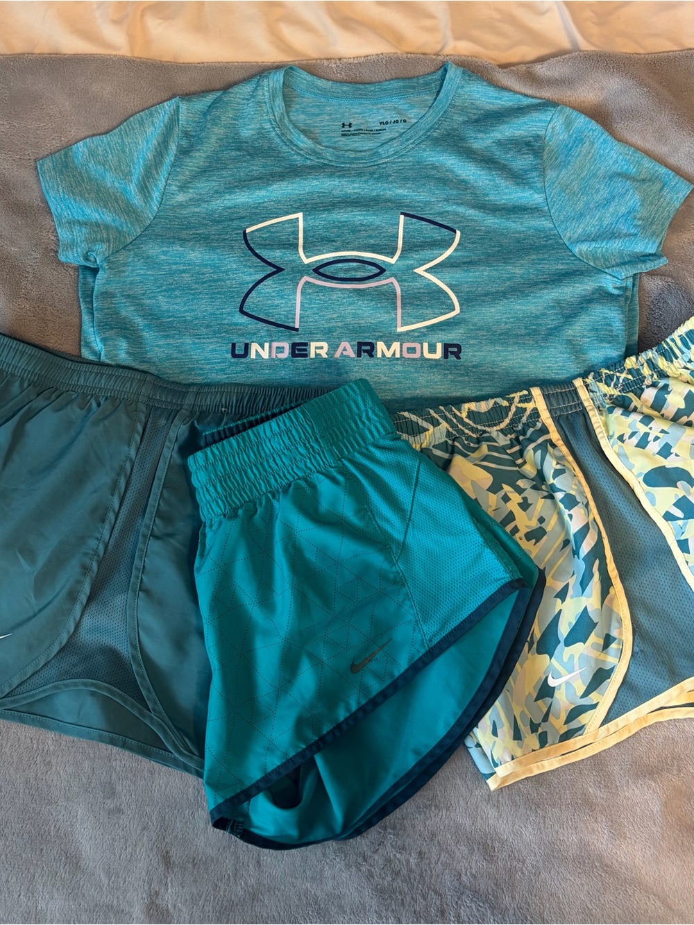 Nike Kids Athletic Shorts Set in Teal, Aqua & Yellow Pattern